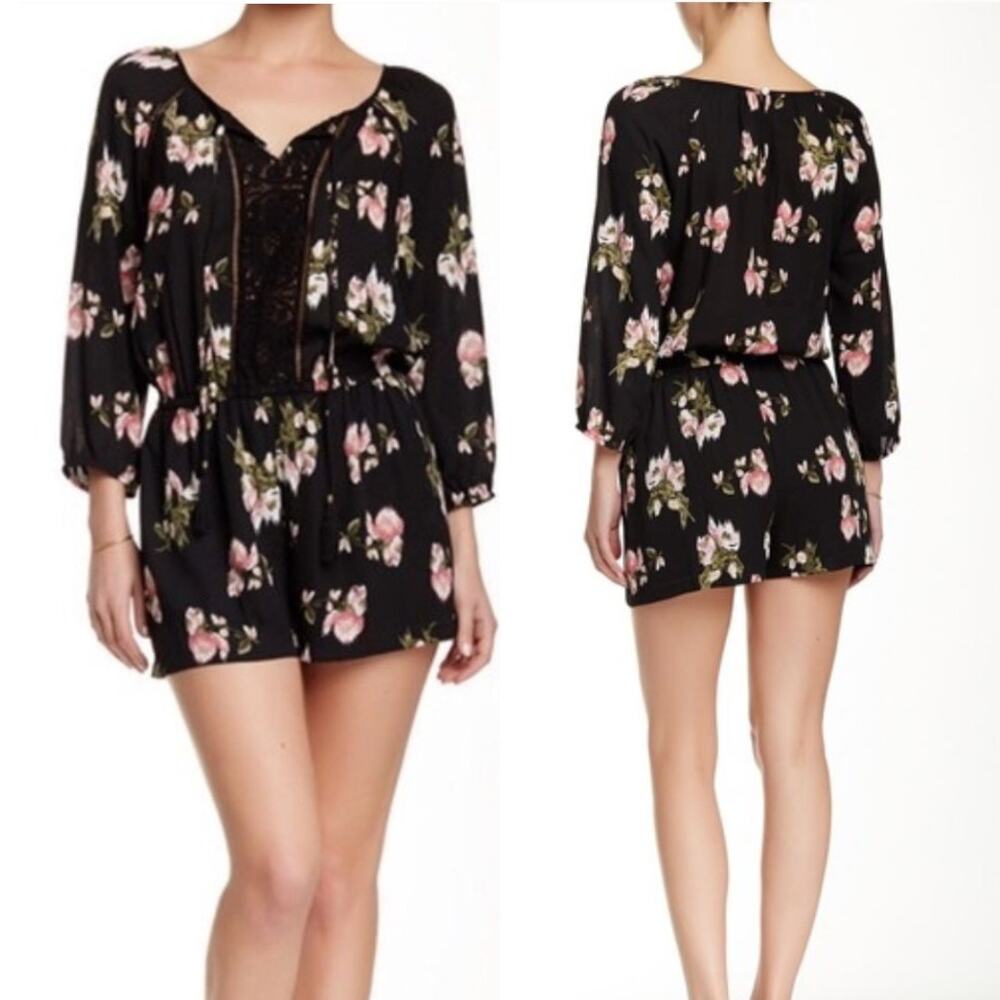 DR2 Daniel Rainn Floral Romper Small Black Pink One Piece Lace Sheer Bohemian